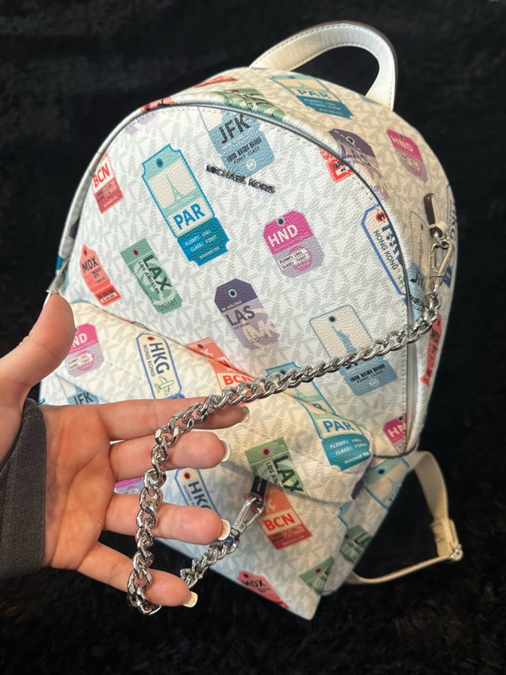 Michael Kors White Mini Backpack with Colorful Luggage Tag Print - Picture 4 of 5